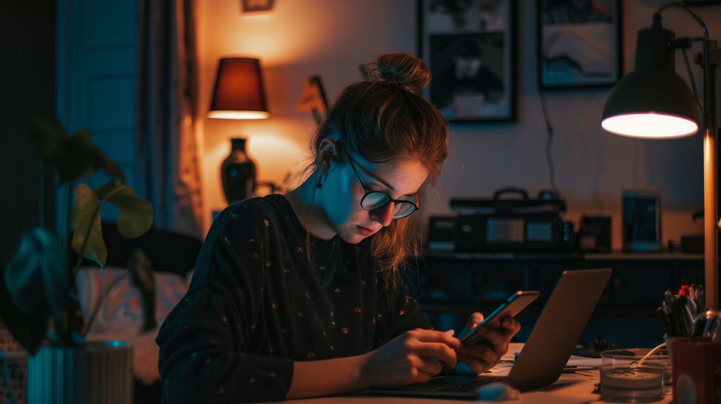 A woman searches for temporary jobs in a cluttered home office.