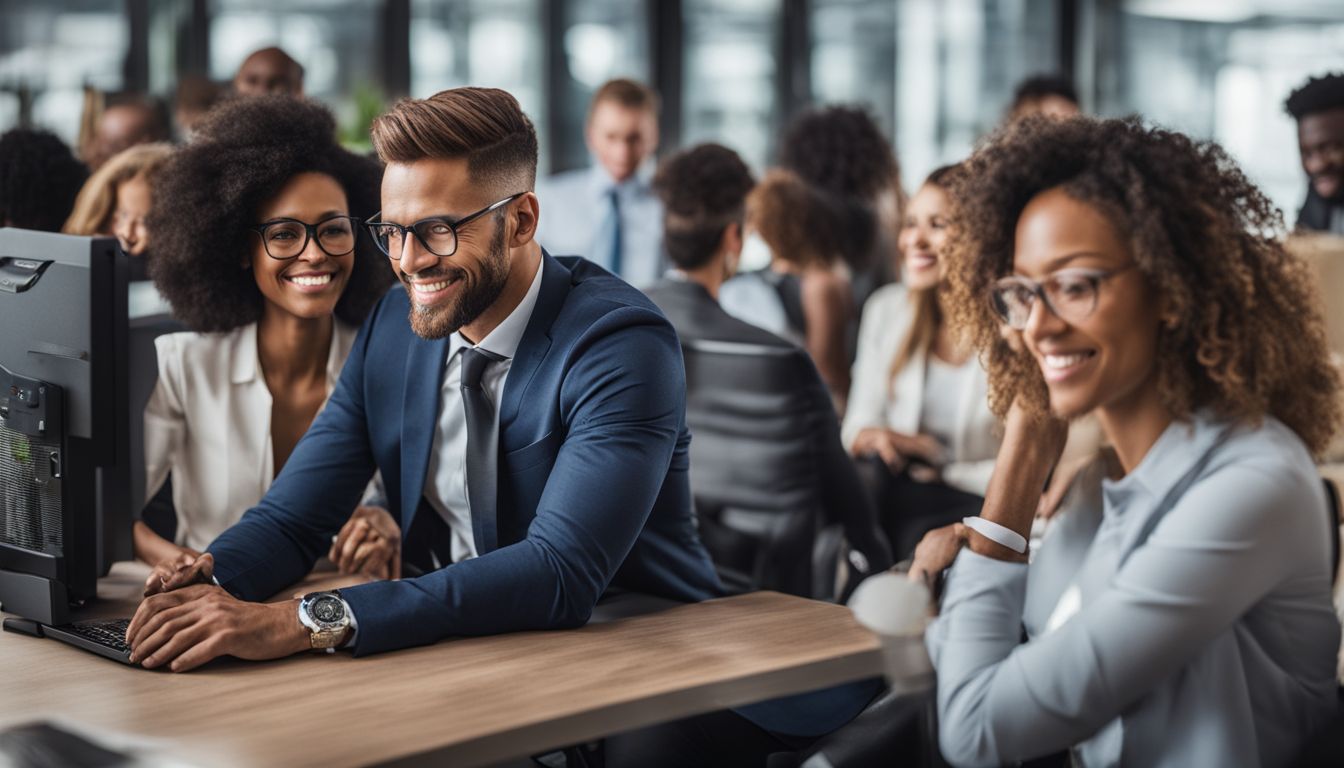 A group of diverse professionals in a modern office setting.