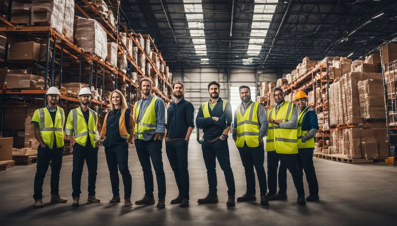 A diverse group of warehouse workers standing in front of a large warehouse.