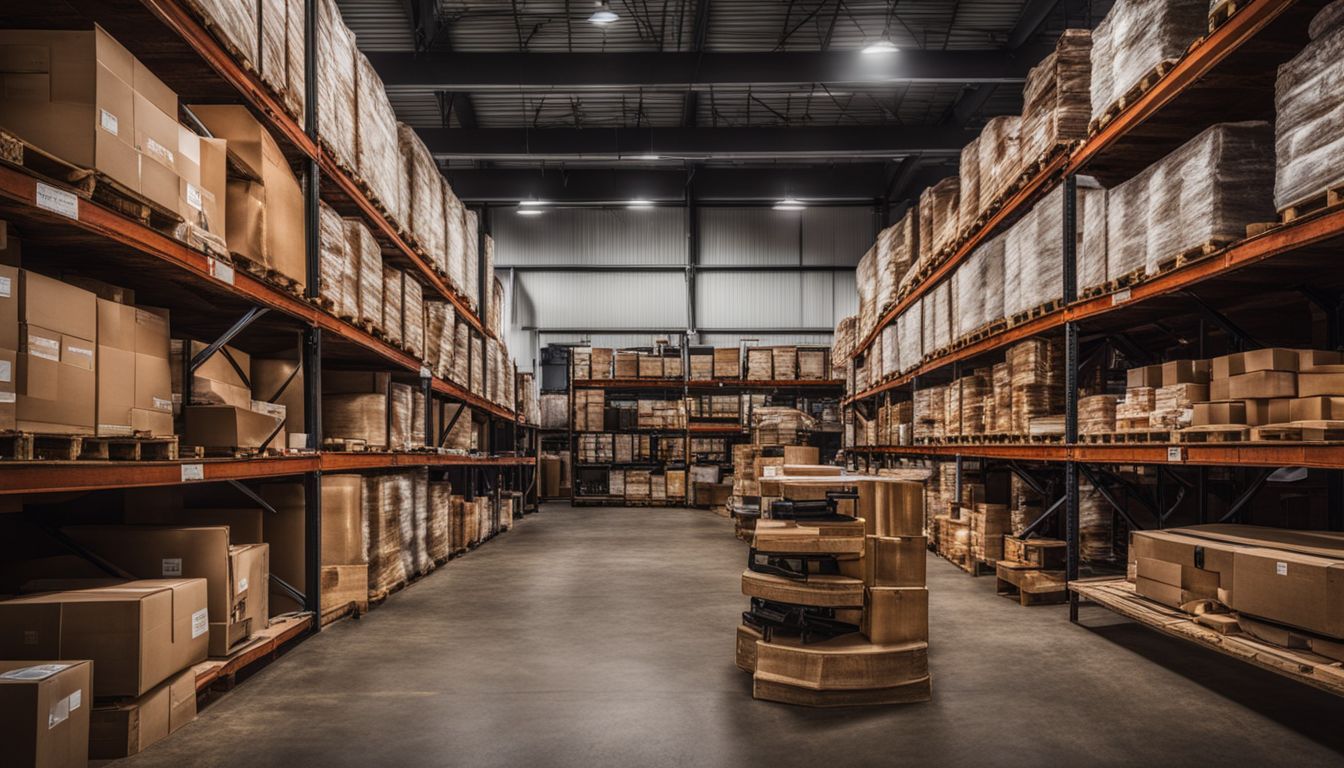A well-organized warehouse with neatly stacked shelves and busy workers.