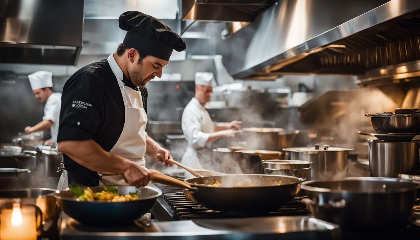 A professional chef cooking in a busy restaurant kitchen. A professional chef cooking in a busy restaurant kitchen.