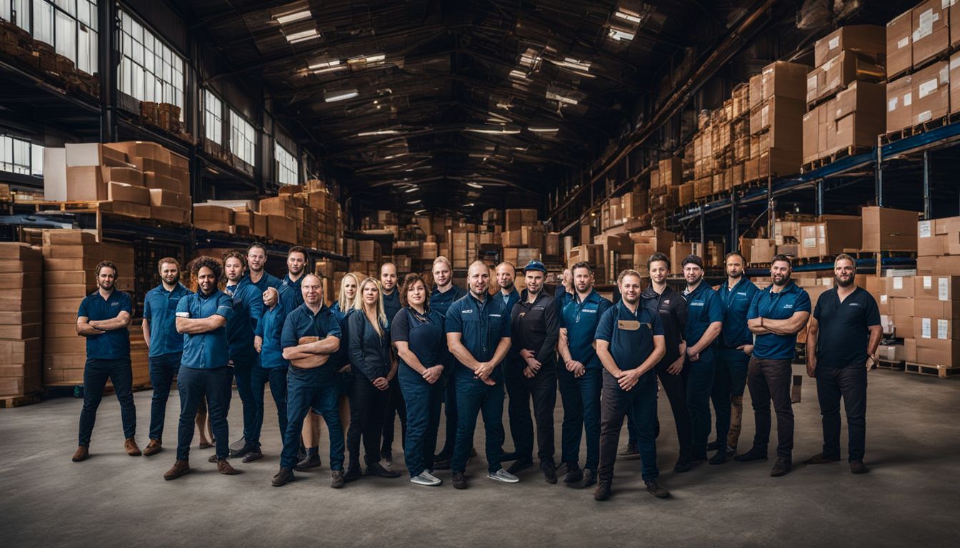 A diverse group of warehouse workers standing in front of a London warehouse. A diverse group of warehouse workers standing in front of a London warehouse.