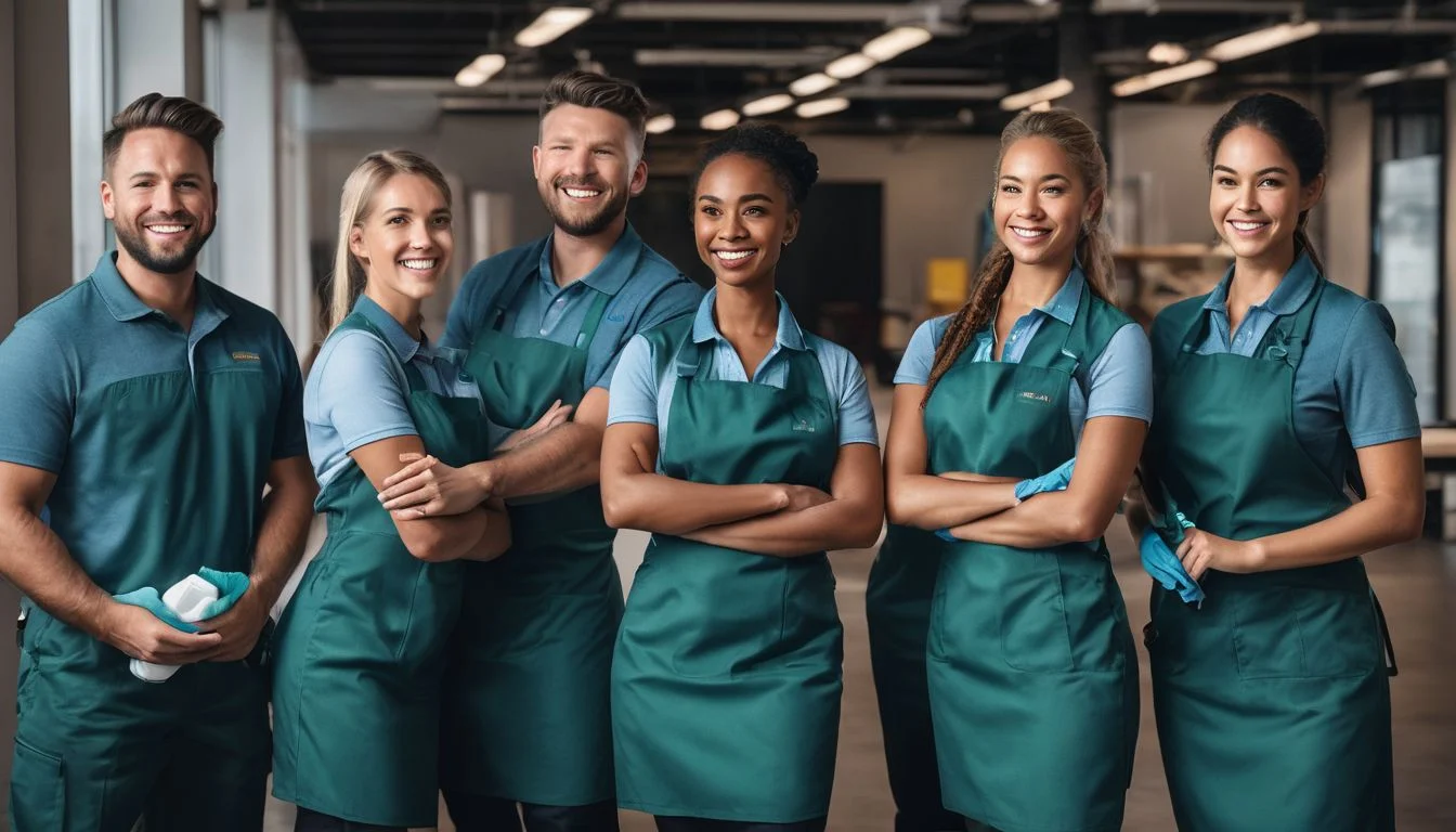 A group of professional cleaners in uniform, posing with cleaning equipment. A group of professional cleaners in uniform, posing with cleaning equipment.