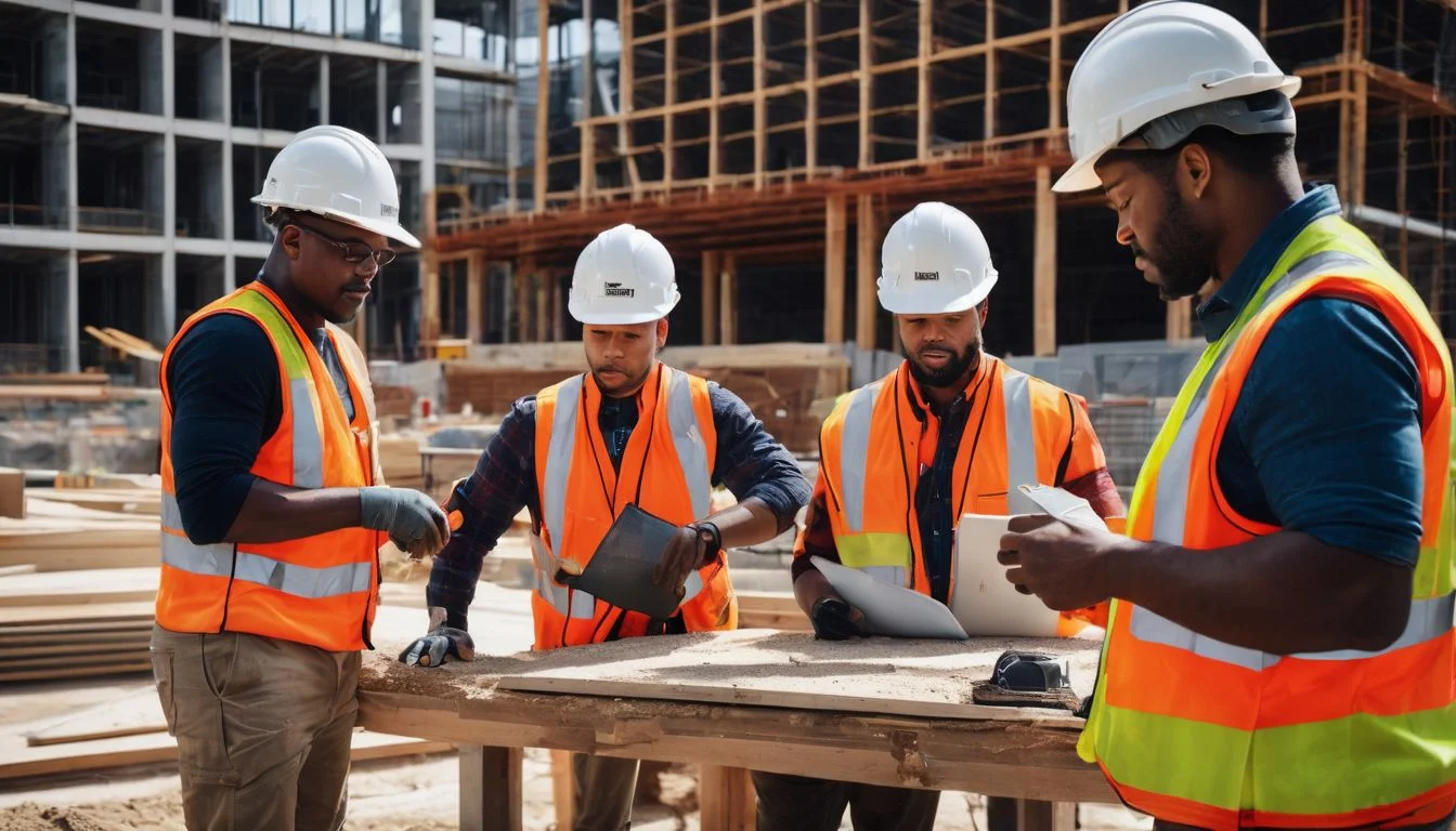 A group of diverse construction workers working on a construction site. A group of diverse construction workers working on a construction site.