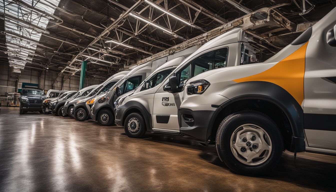 A fleet of delivery vehicles lined up in an urban distribution center. A fleet of delivery vehicles lined up in an urban distribution center.