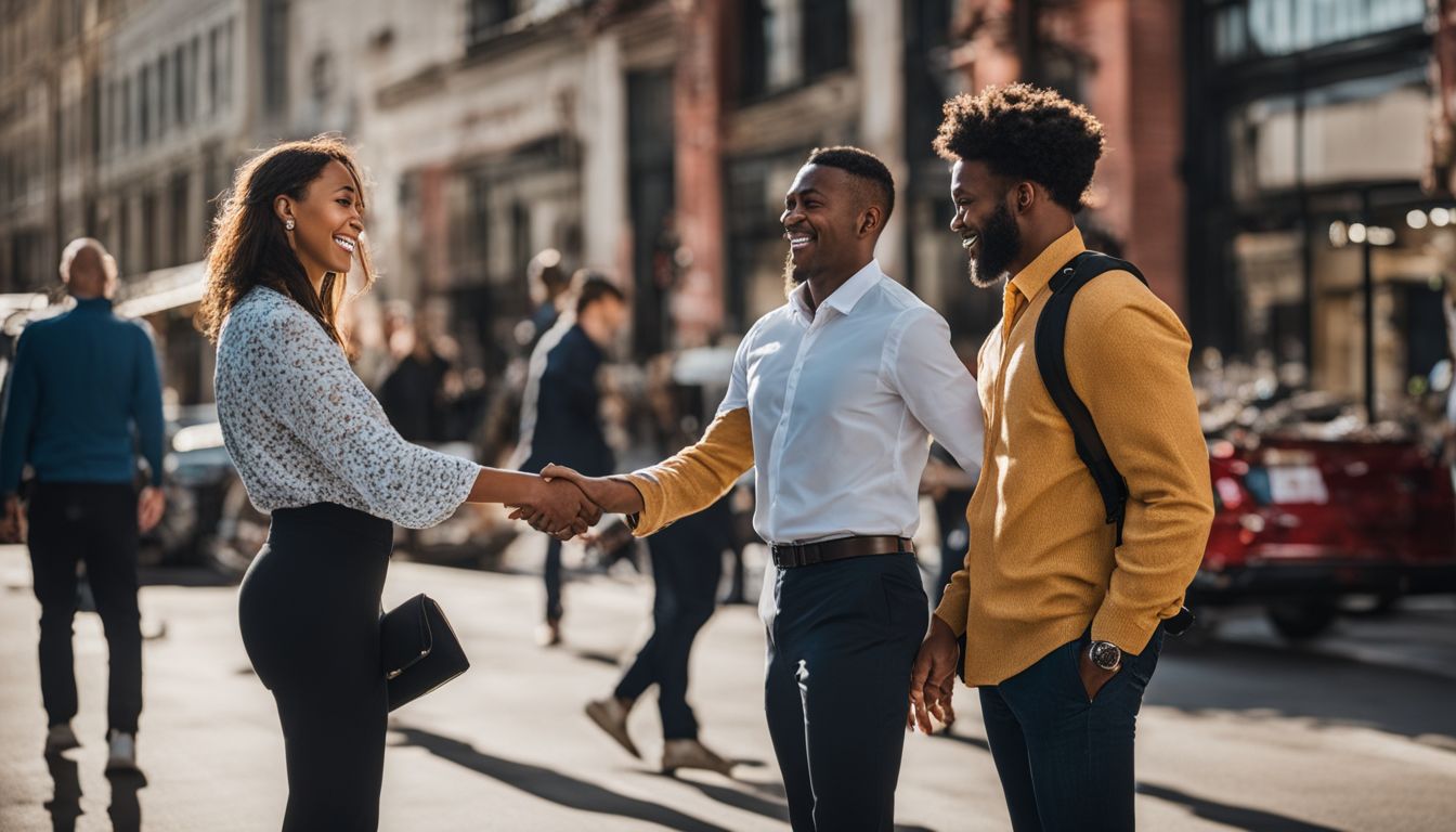 A new hire confidently shaking hands with their employer in a bustling atmosphere.