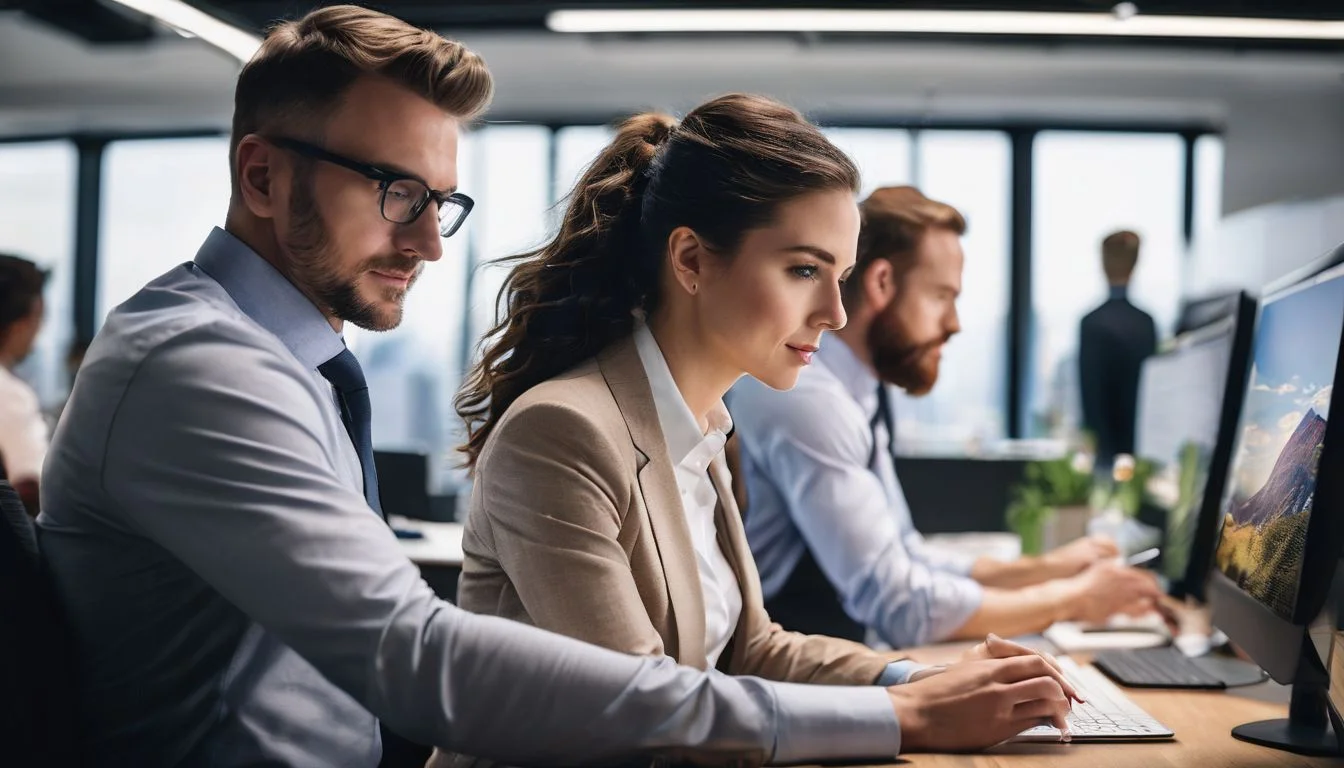 A diverse team of professionals working together in a modern office. Staff Agency London