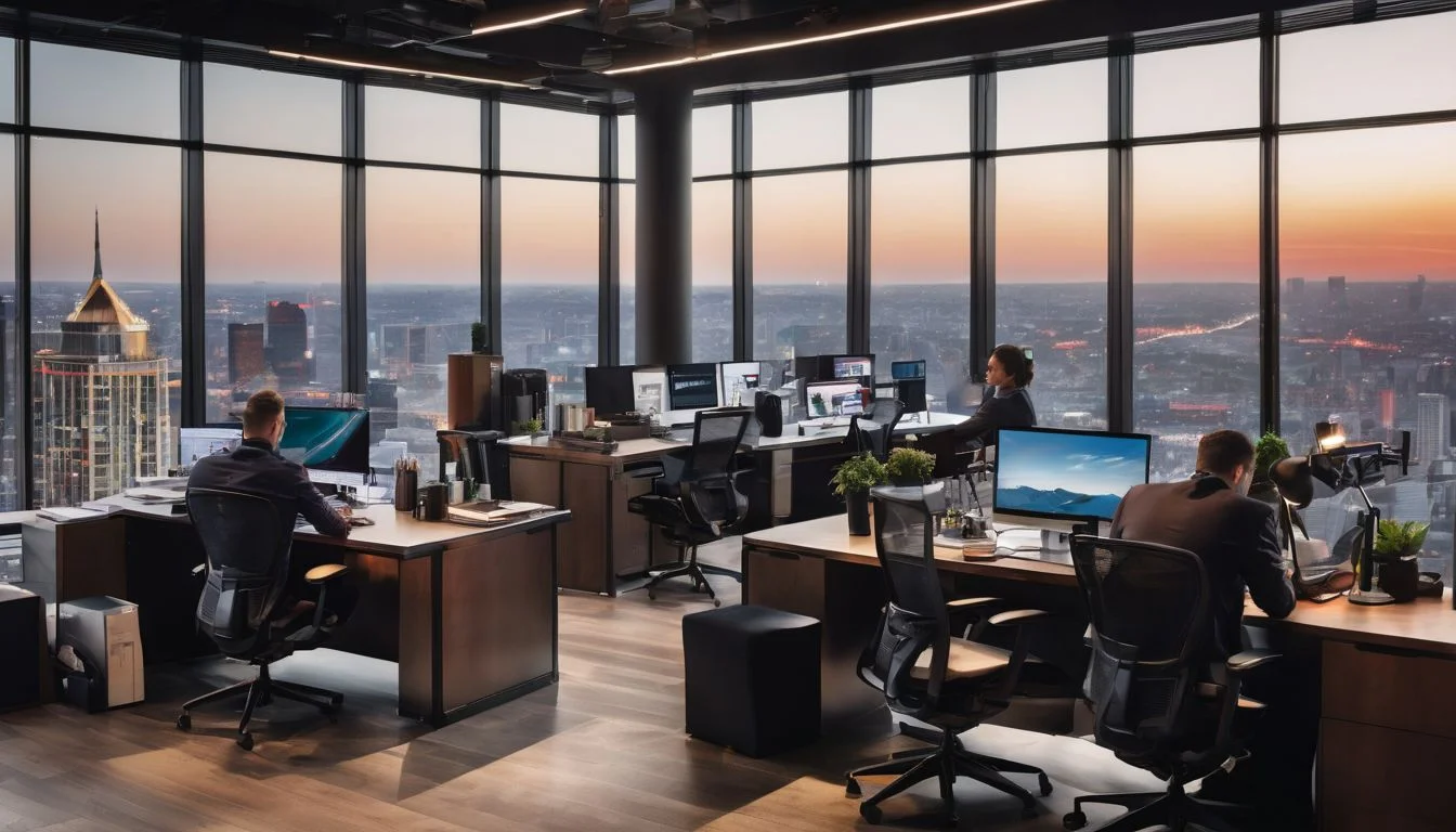 A diverse professional office environment with employees working at their desks. A diverse professional office environment with employees working at their desks.