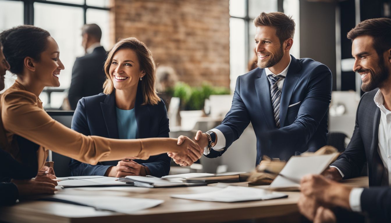 A diverse group of professionals shaking hands in an office setting.