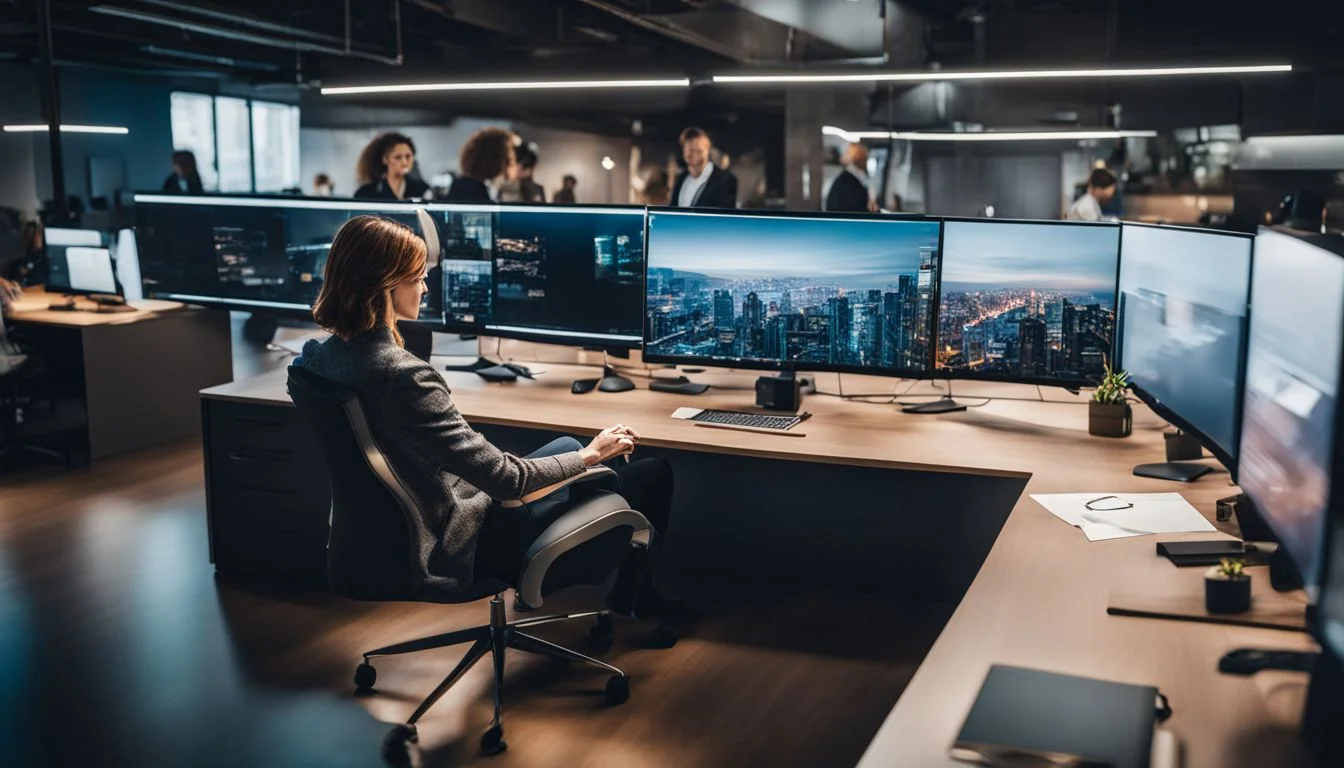A modern office with futuristic tech gadgets and diverse individuals. A modern office with futuristic tech gadgets and diverse individuals.