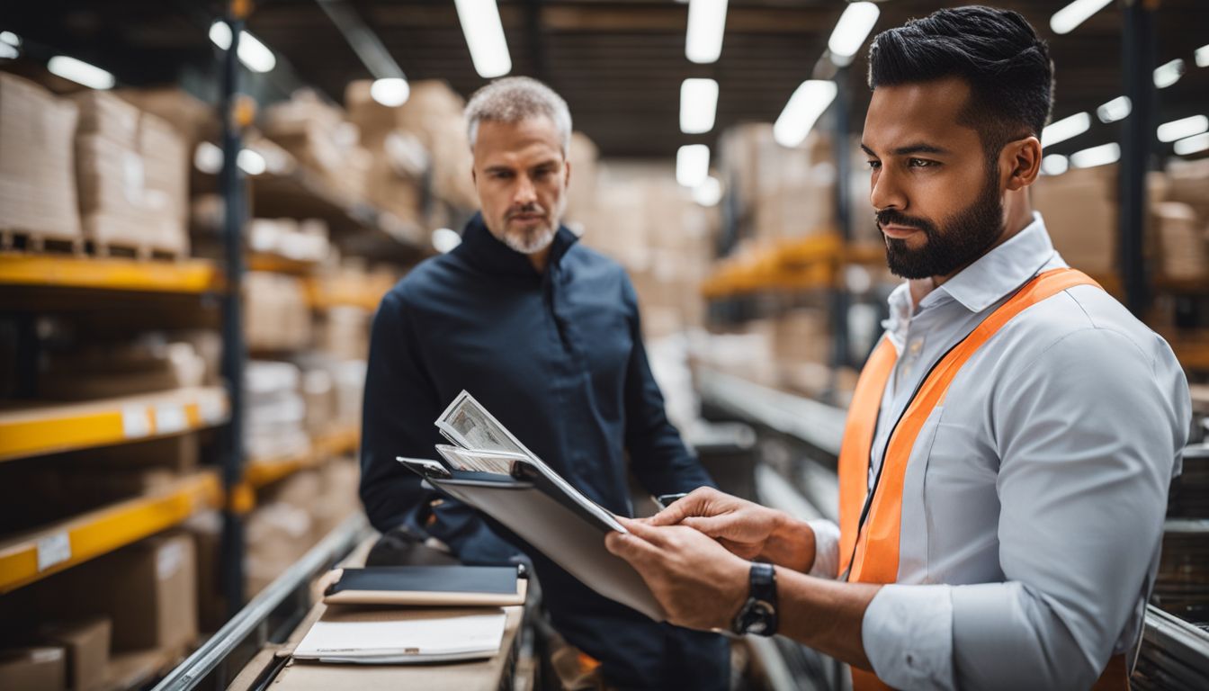 A stock controller confidently manages inventory in a busy warehouse.
