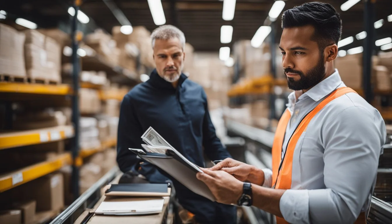 A stock controller confidently manages inventory in a busy warehouse.
