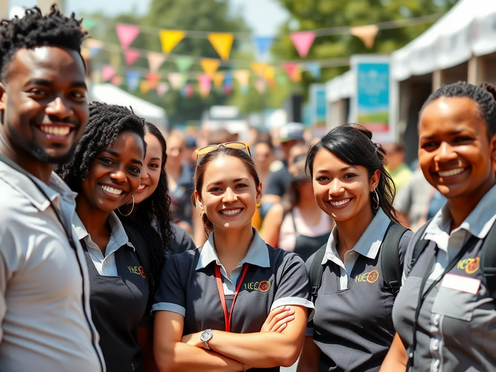 A diverse group of professional event staff smiling and working together at an outdoor summer festival in the UK.