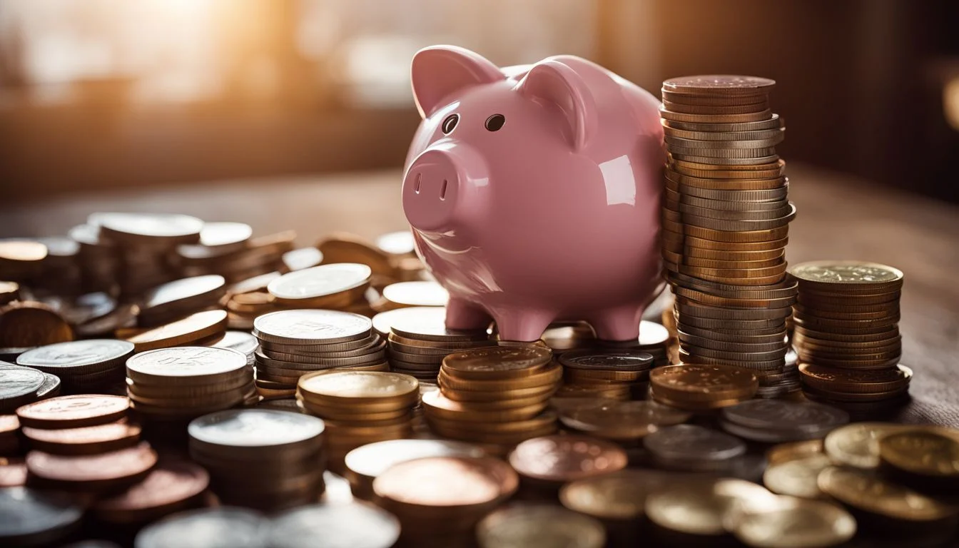 A piggy bank surrounded by money and photographed with high-quality equipment. A piggy bank surrounded by money and photographed with high-quality equipment.