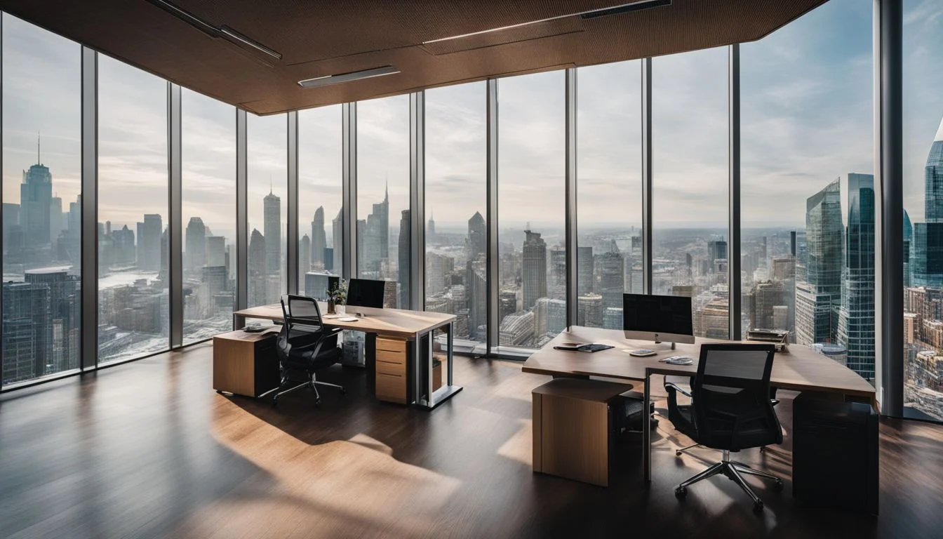 A modern office building in a bustling financial district. A modern office building in a bustling financial district.