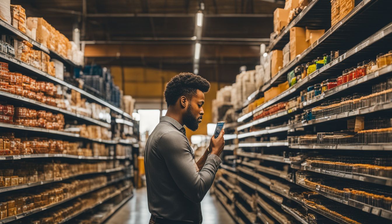 A stock controller reviewing inventory in a well-lit warehouse with full shelves.