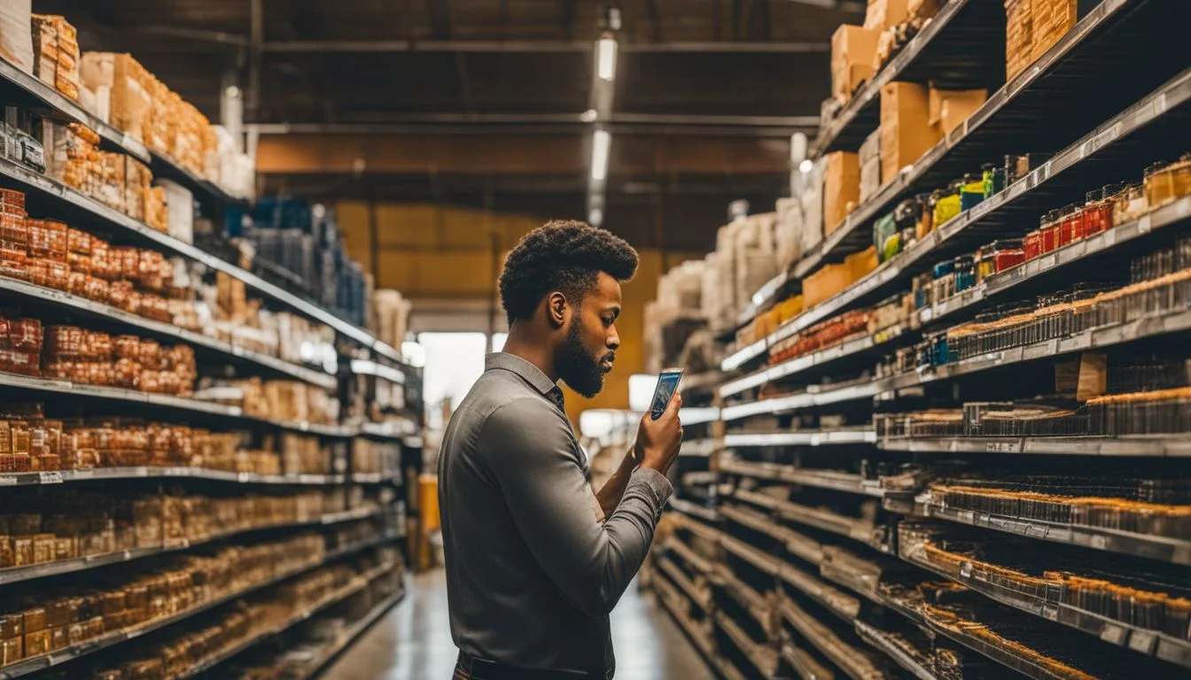 A stock controller reviewing inventory in a well-lit warehouse with full shelves.