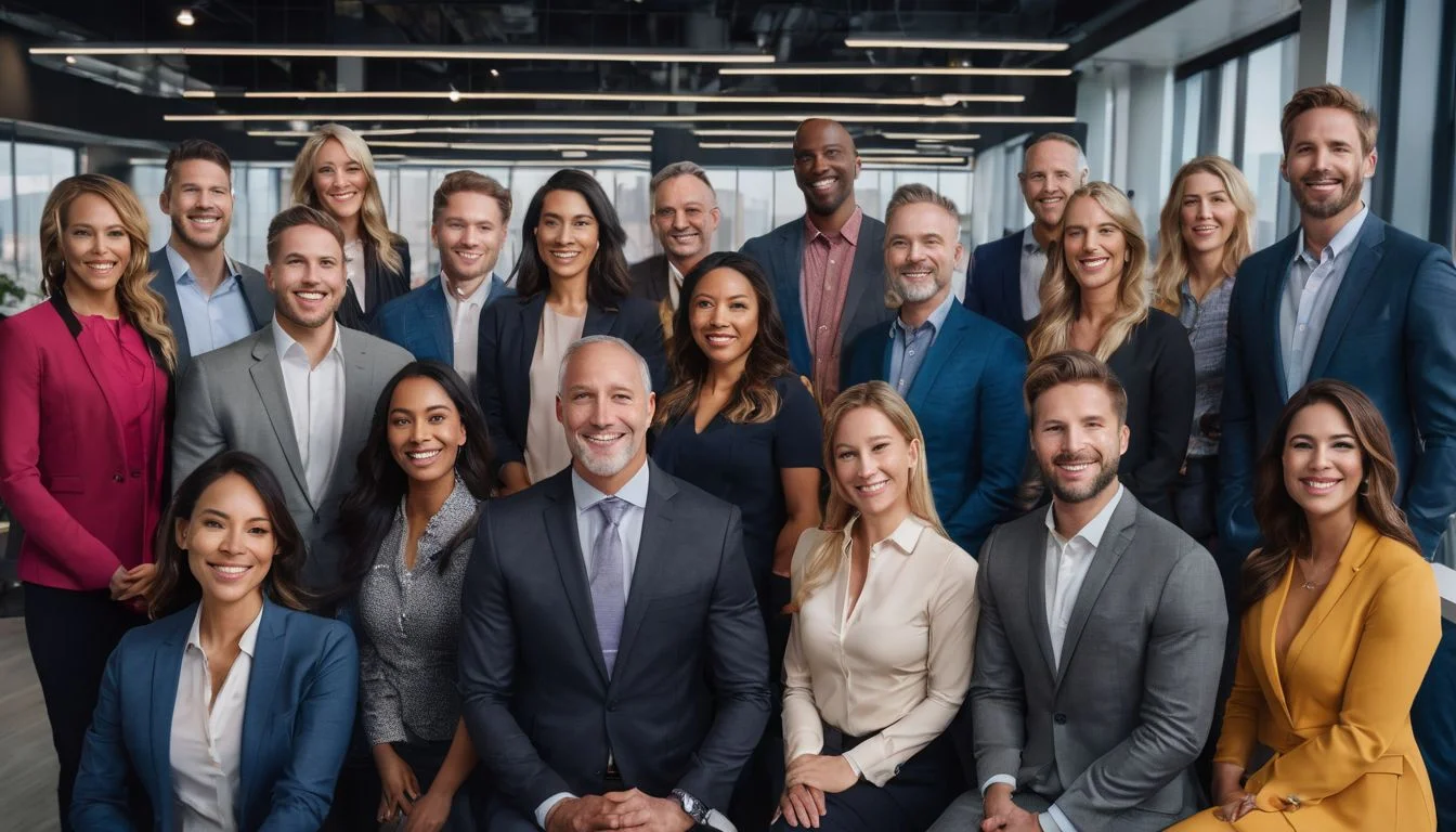 A diverse group of professionals standing together in a modern office. A diverse group of professionals standing together in a modern office.