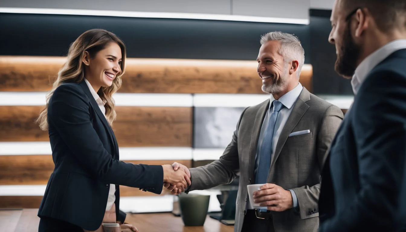 An office worker shakes hands with a recruiter in a bustling atmosphere. An office worker shakes hands with a recruiter in a bustling atmosphere.