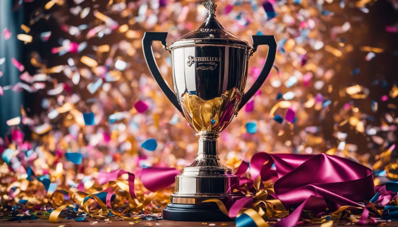 A trophy surrounded by confetti and streamers, capturing a celebratory atmosphere.