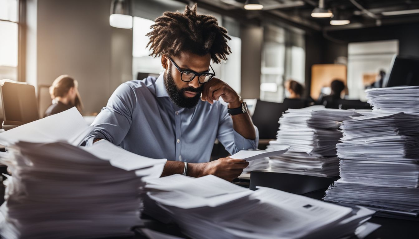 An overwhelmed office worker surrounded by paperwork and resumes in a bustling office.