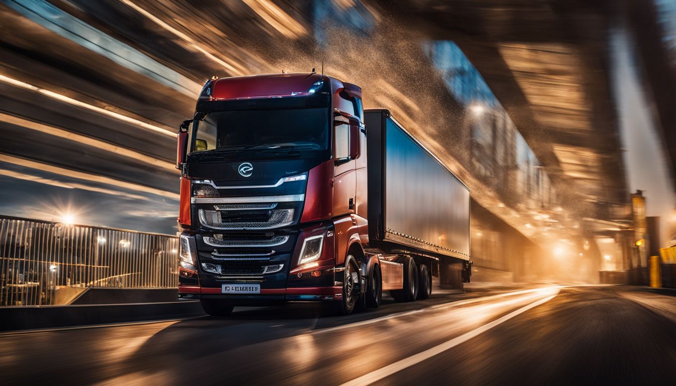 A confident commercial truck driver in a bustling city setting. driving jobs
