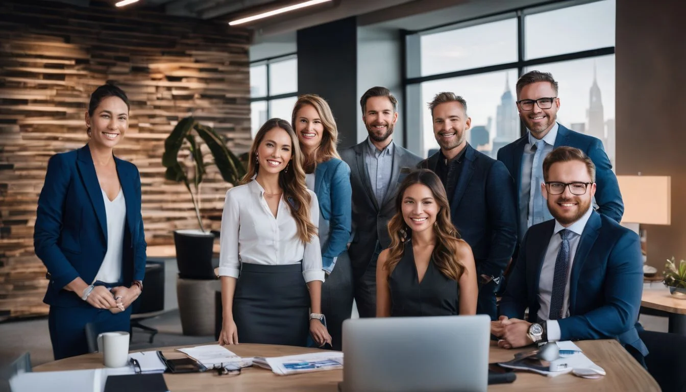 A diverse team of professionals in a modern office setting. A diverse team of professionals in a modern office setting.