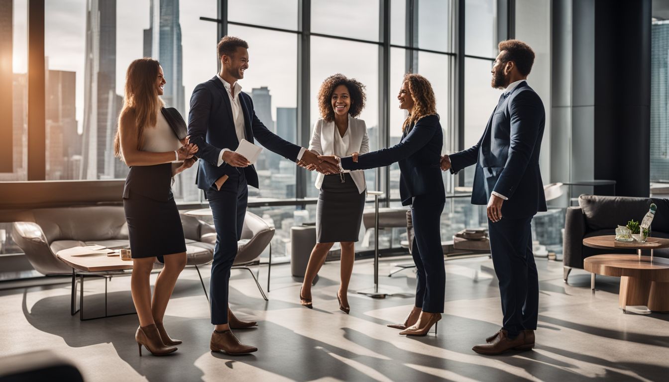 A diverse group of professionals shaking hands in a modern office.