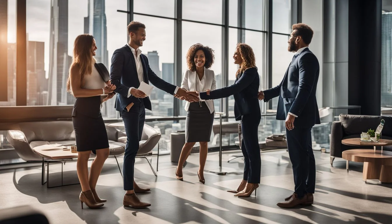 A diverse group of professionals shaking hands in a modern office.