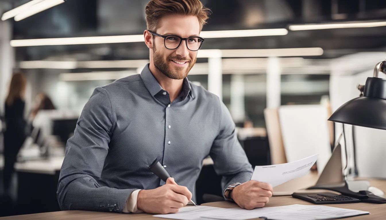 Confident job seeker with a well-prepared CV in a modern office. Confident job seeker with a well-prepared CV in a modern office.
