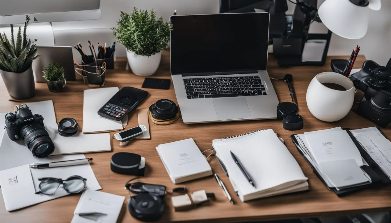 A professional office desk with recruitment items and diverse cityscape photography.