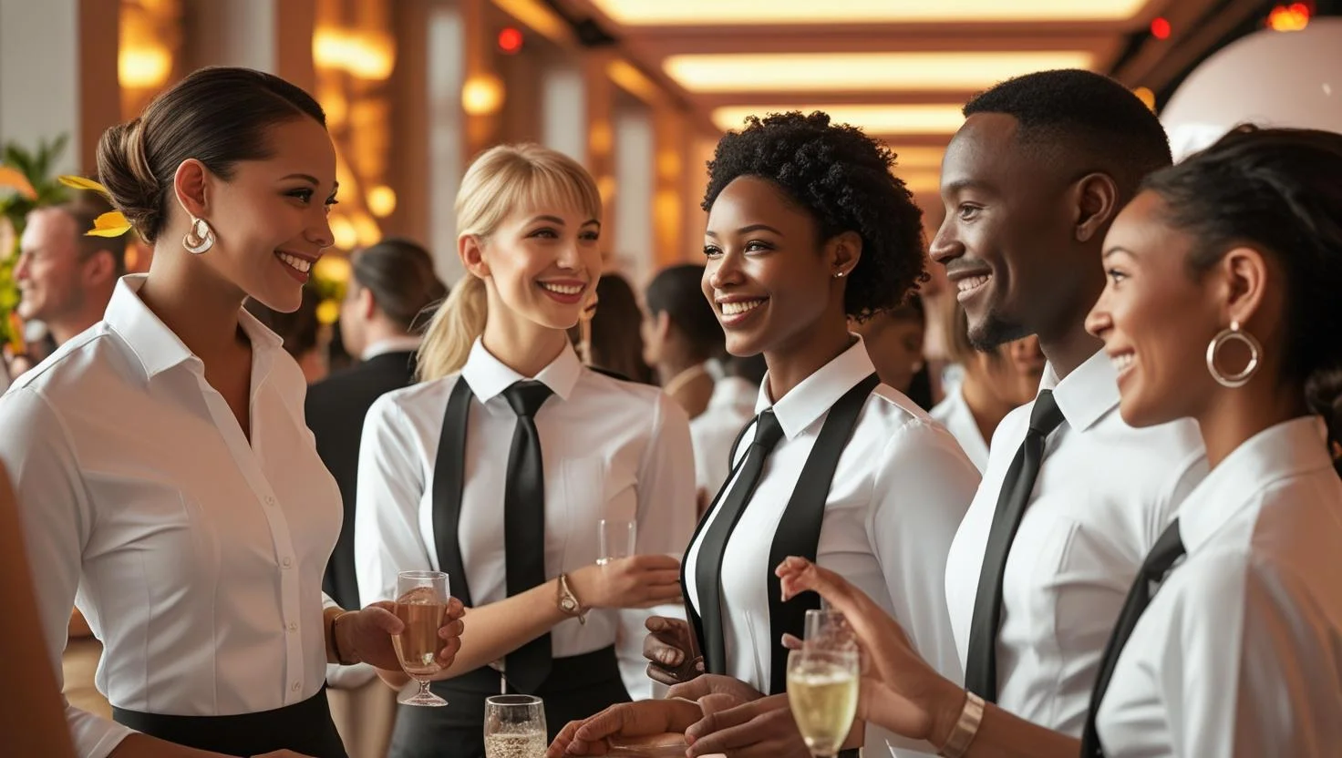 Hospitality staff welcoming guests at a hotel reception