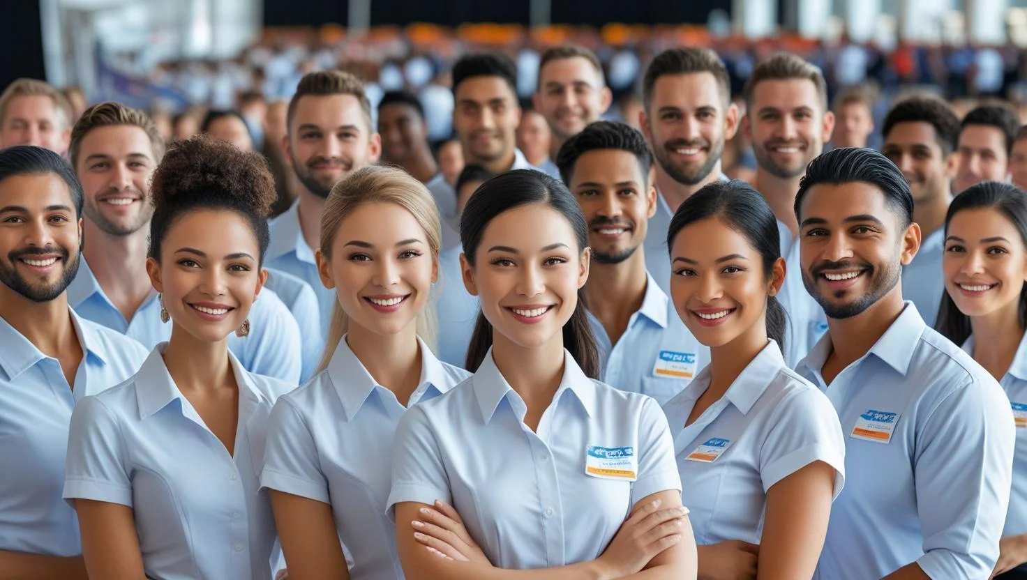 A diverse group of professional hospitality staff smiling