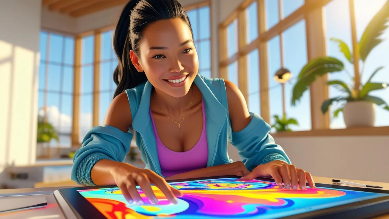 A graphic designer meticulously refining details on a large monitor, demonstrating precision and focus.