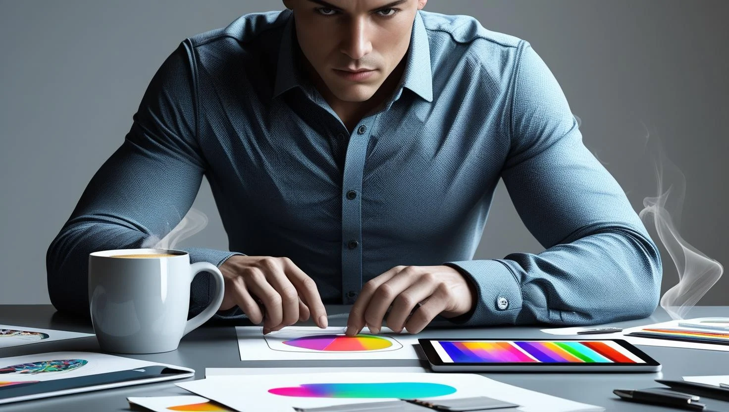A diverse team of graphic designers collaborating around a table, showcasing teamwork and creative synergy.