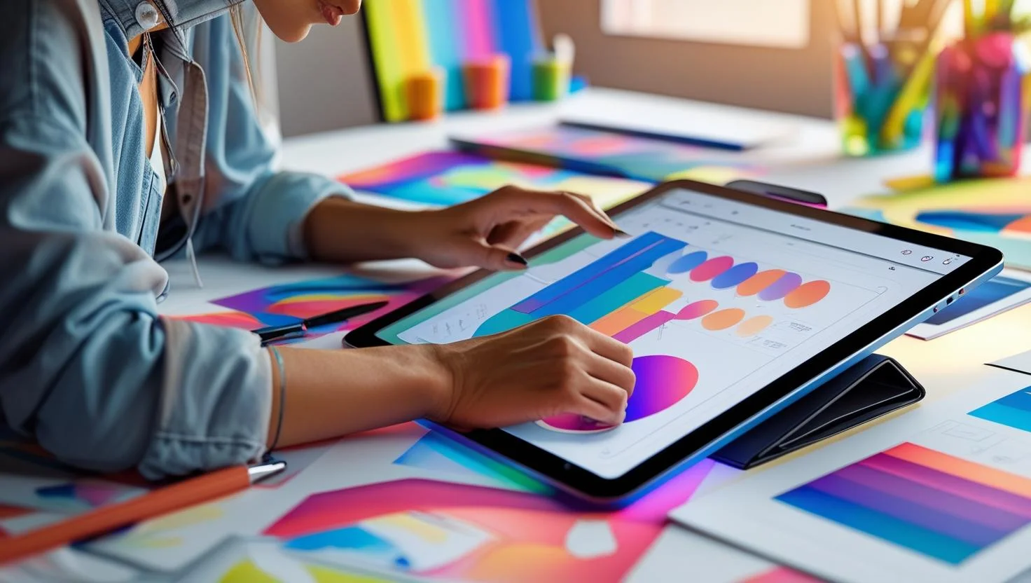 A graphic designer working on a professional digital tablet, illustrating creativity and modern design tools.