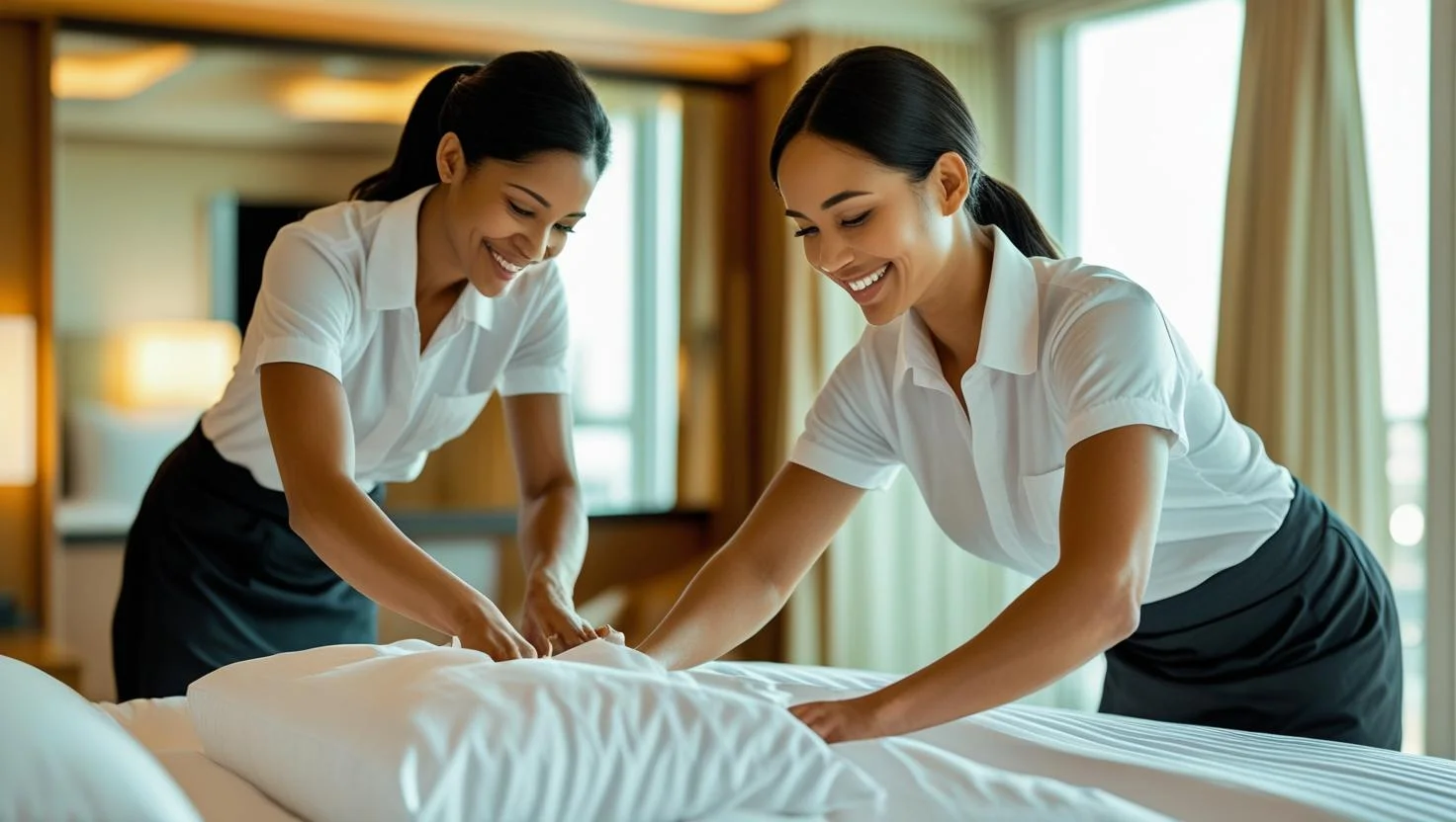 Housekeeper smiling in a hotel hallway