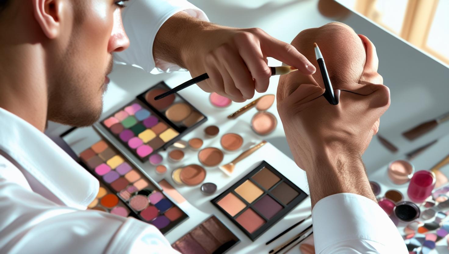 A diverse set of makeup brushes and palettes laid out on a table, ready for use.