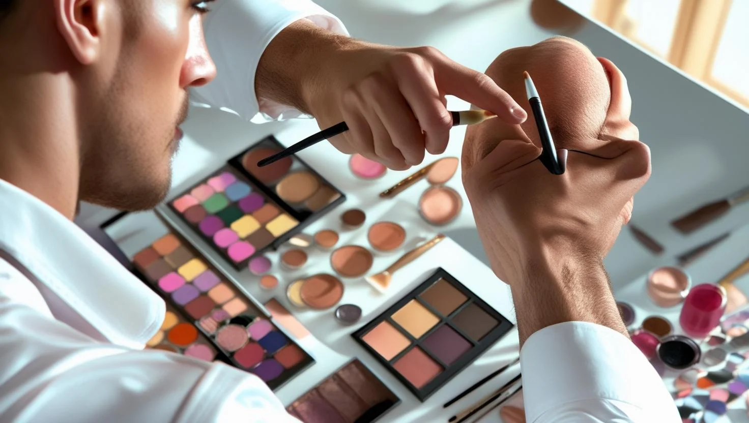 A diverse set of makeup brushes and palettes laid out on a table, ready for use.