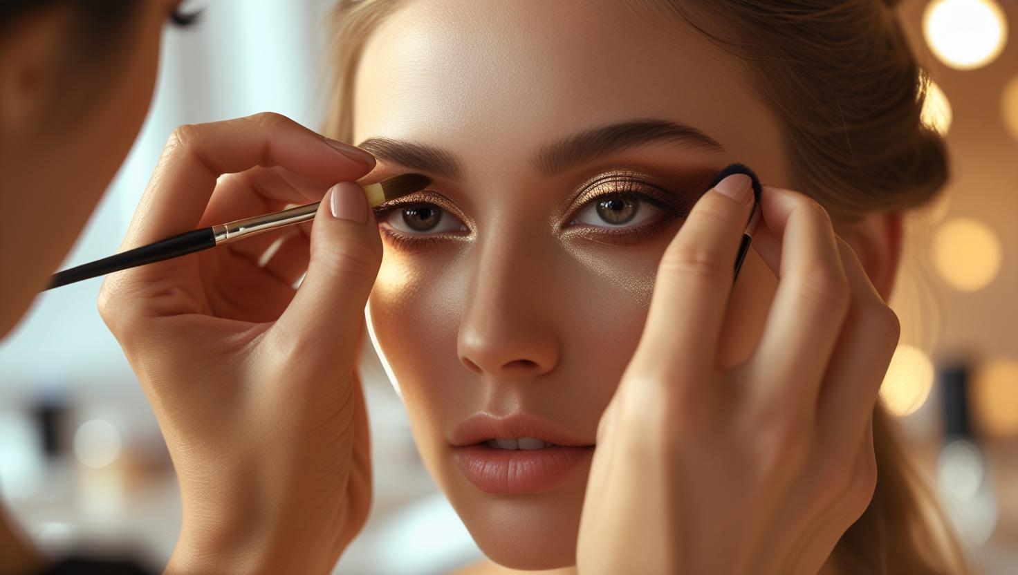 A makeup artist working on a model for a high-fashion photoshoot.