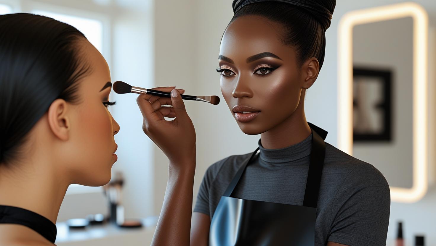 A professional makeup artist meticulously applying eyeshadow to a model.