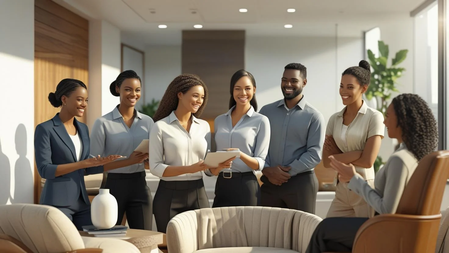 A diverse group of professionals in a modern office setting, looking at a presentation, showcasing teamwork.