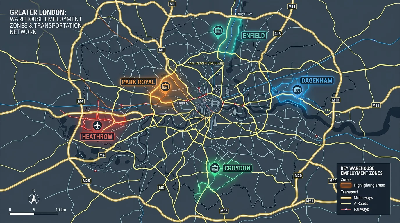 key warehouse employment zones - Park Royal, Dagenham, Enfield, Heathrow, Croydon - with transportation routes.png