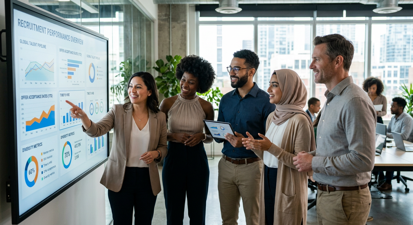 A diverse group of confident, modern professionals in a bright, collaborative office space, looking at a large data visualization screen showing recruitment metrics. Style: Professional, aspirational, high-resolution stock photo with a focus on diversity and technology.