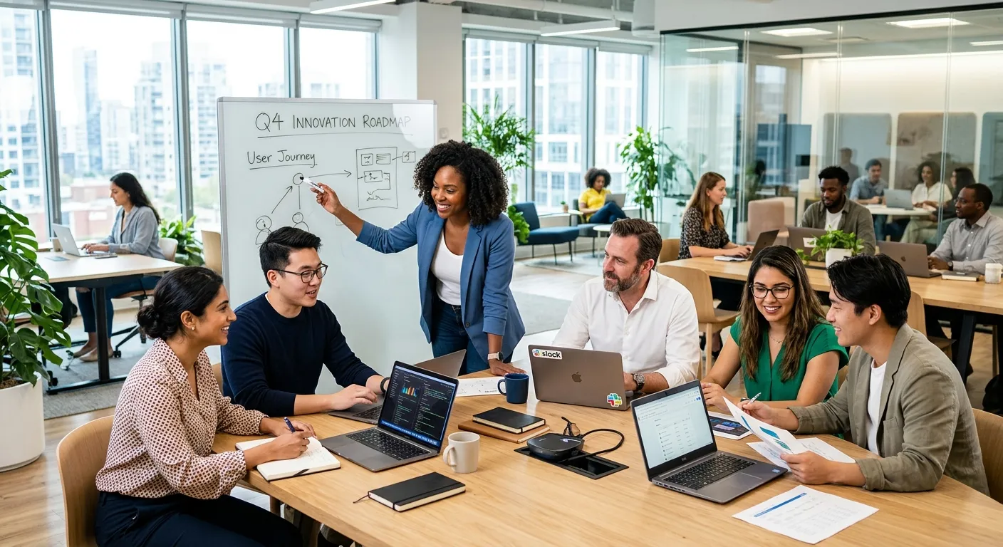 A modern, diverse team of professionals collaborating in a bright, open-plan office. Style: Corporate, professional, and vibrant. Mood: Productive, innovative, and connected.