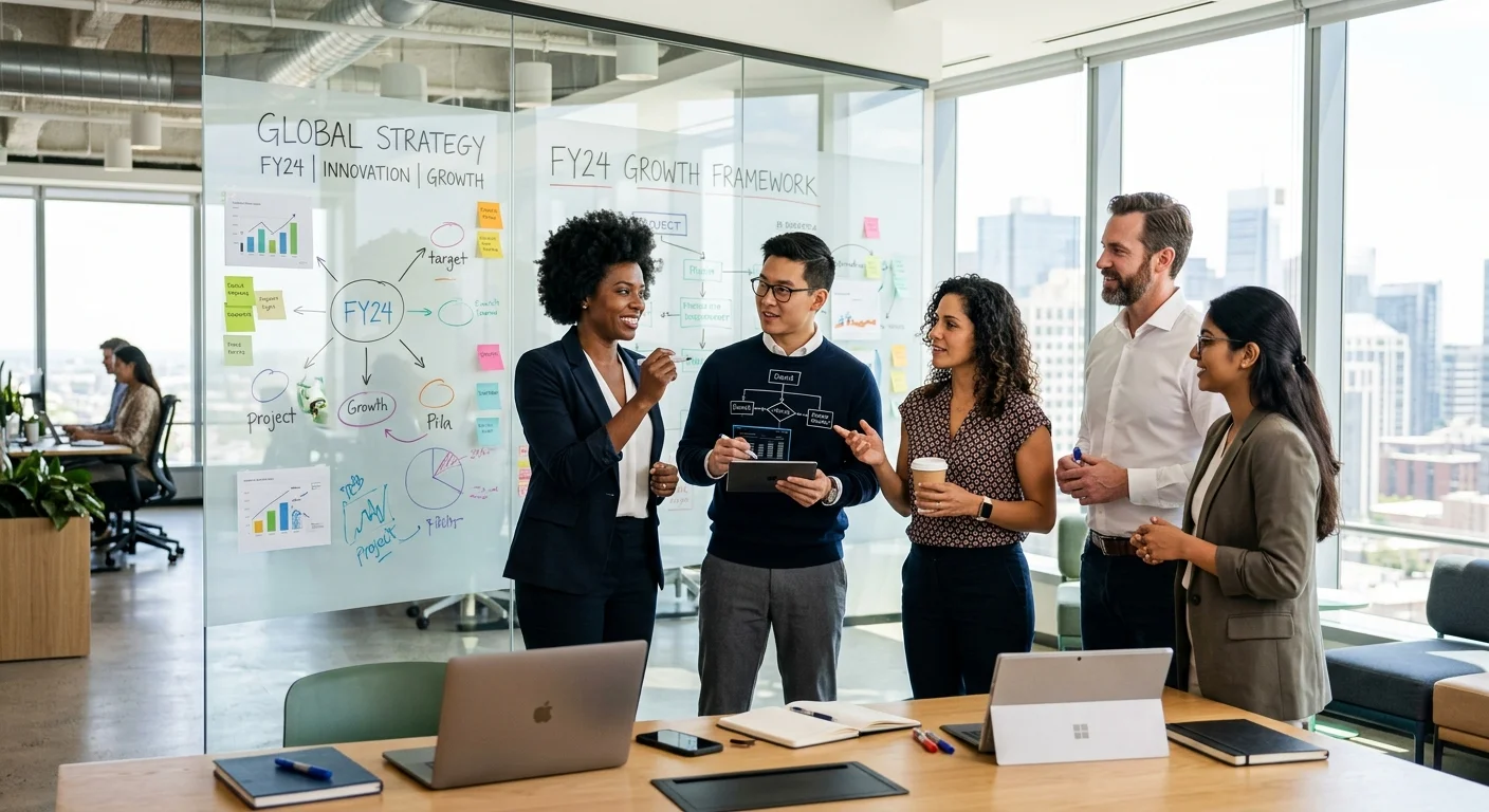 A diverse group of modern professionals collaborating in a bright, sunlit office with a glass whiteboard. Style is professional, aspirational, and focused on teamwork and technology. Mood is optimistic and forward-thinking.