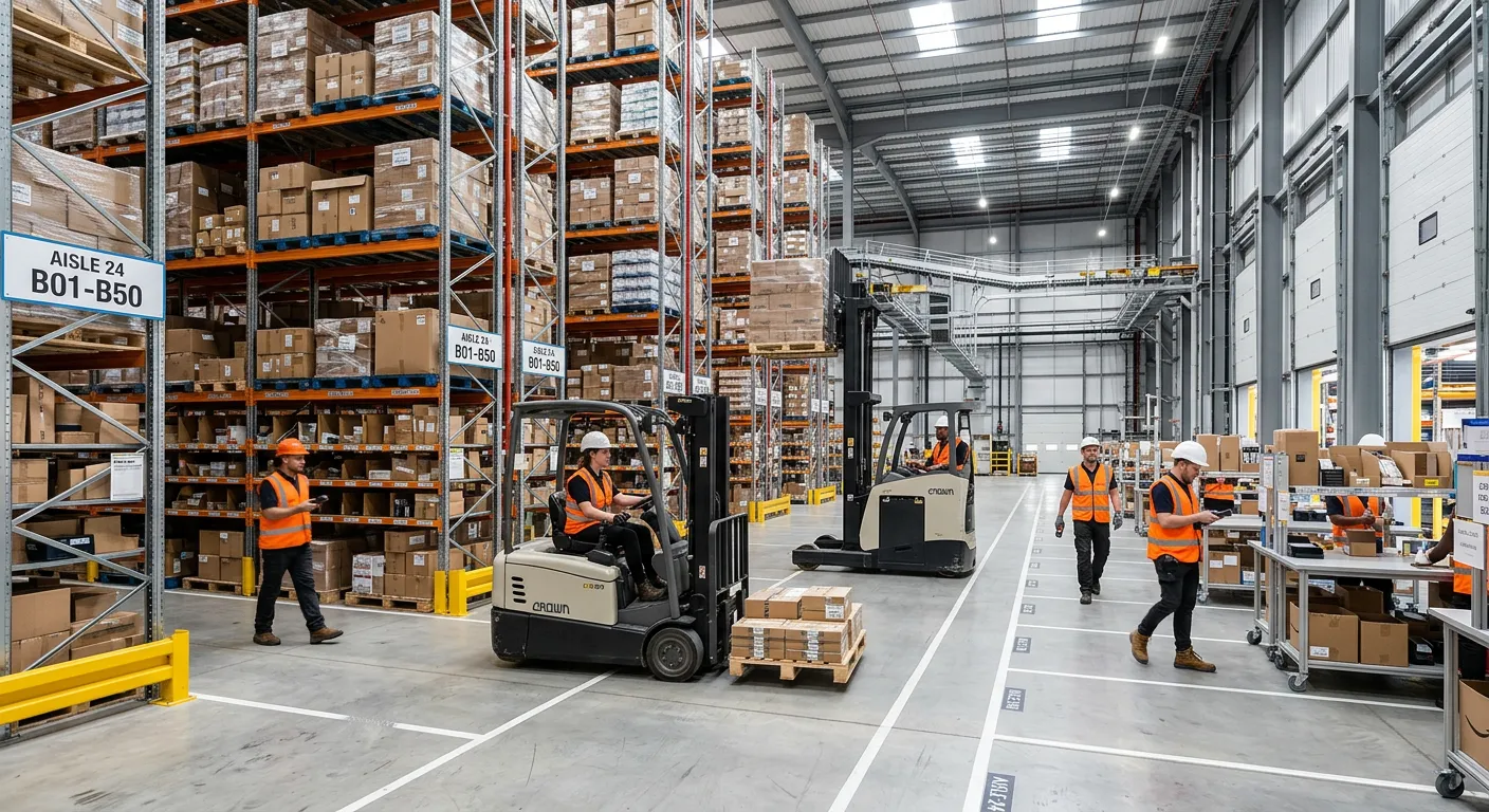 Professional photo of a modern, efficient London warehouse with workers operating forklifts and managing inventory in a bright, organized space
