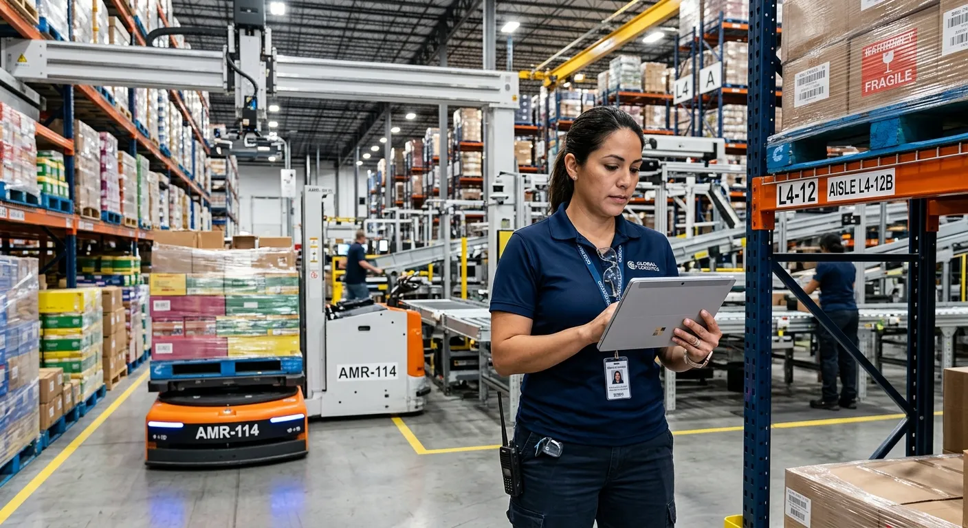 Professional, dynamic image of a logistics coordinator in a modern warehouse or distribution centre, using a tablet to check inventory. The setting is in L4, with a focus on efficiency and technology.