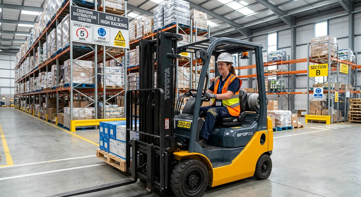 A professional, confident forklift driver operating a counterbalance truck in a modern, well-organised Croydon warehouse, with visible safety gear and clear signage, daytime lighting