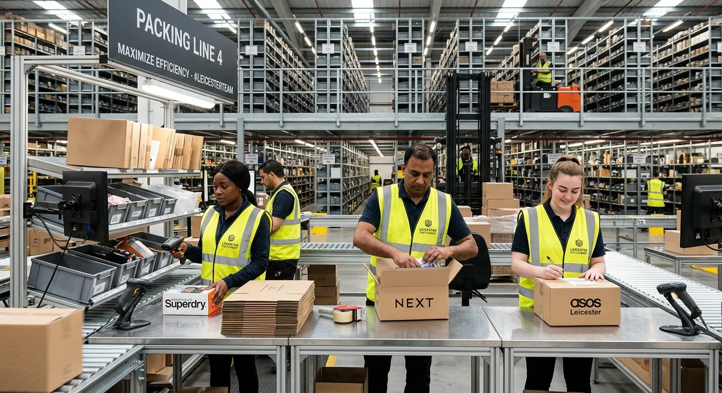 A dynamic, high-energy shot inside a modern Leicester warehouse. A diverse team of picker packers in... A dynamic, high-energy shot inside a modern Leicester warehouse. A diverse team of picker packers in high-vis vests are efficiently scanning items and packing boxes on a well-lit, organised packing line. The mood is professional, productive, and fast-paced.